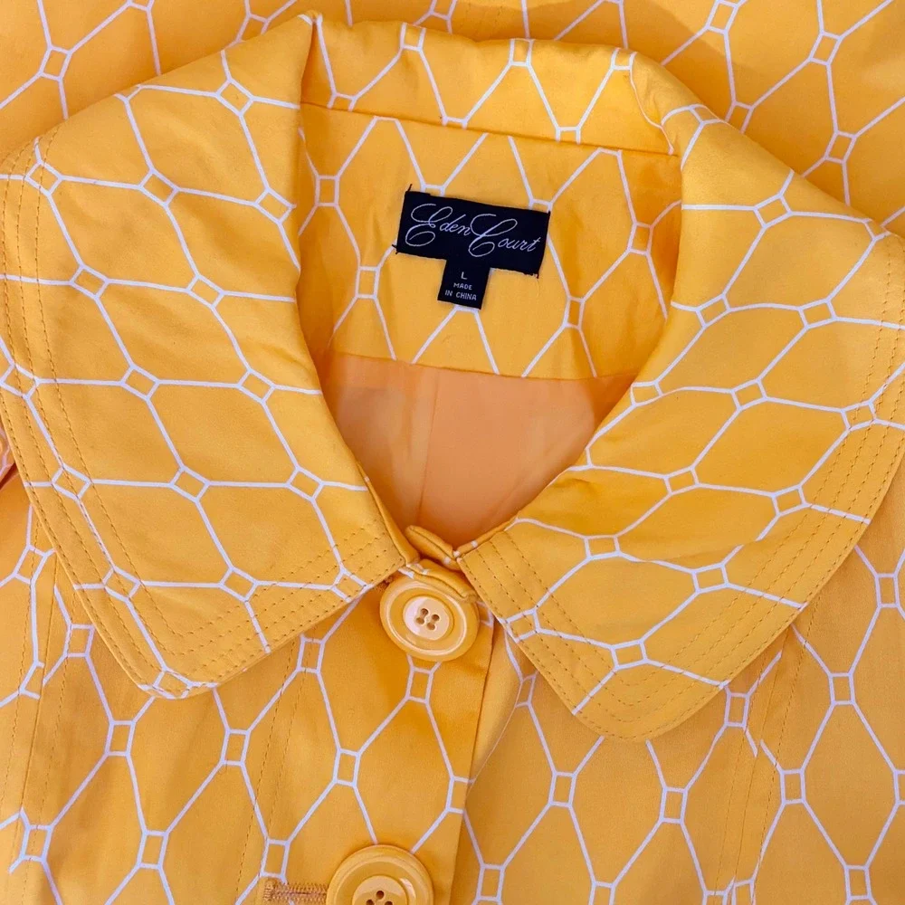 EDEN COURT Yellow White Geometric Print Coat Jacket Bell Sleeves‎ Pockets Large